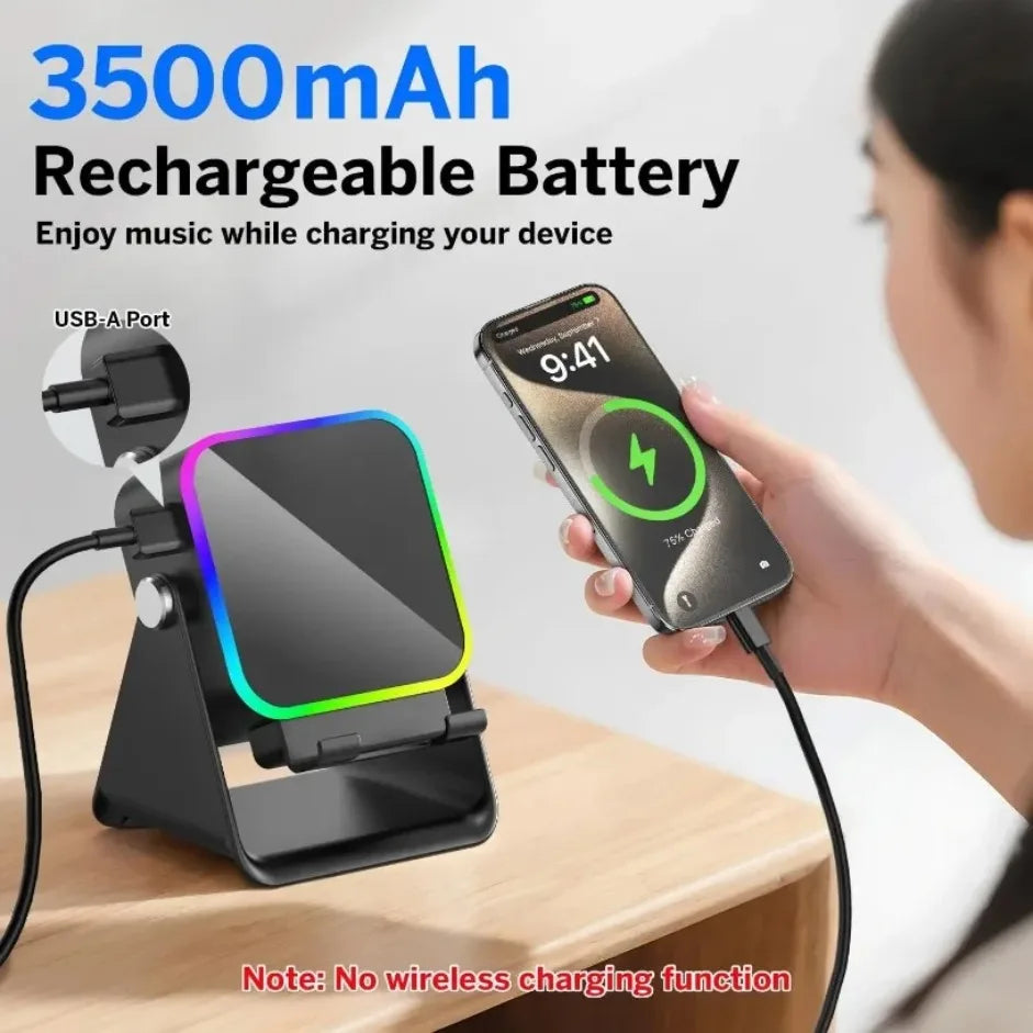 Black wireless speaker portable bluetooth phone holder with glowing rainbow edge and usb-a wired charging port