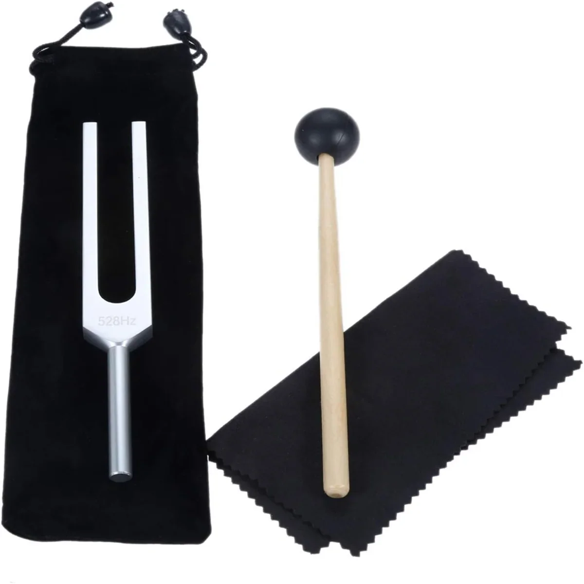 Silver 528 hz aluminum alloy tuning fork with black velvet pouch and wooden mallet for meditation and relaxation