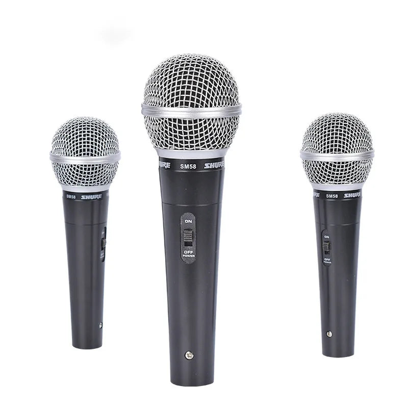 Three black shure sm58 wired dynamic microphones with silver mesh grilles and switches for karaoke stage audio live broadcast equipment