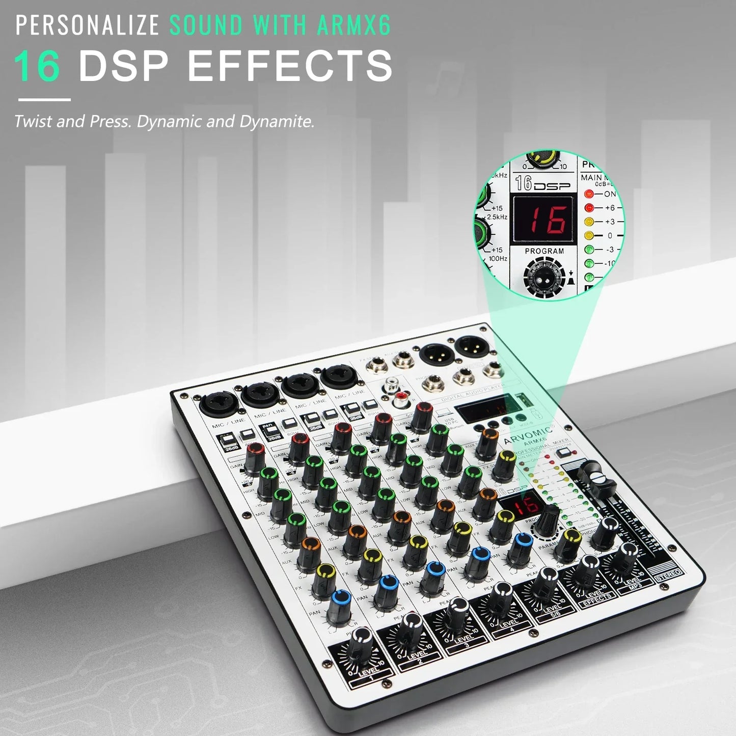 A sleek white and black arvomic 6-channel audio mixer dj mixer with colorful rotary knobs and ping-pong delay effects