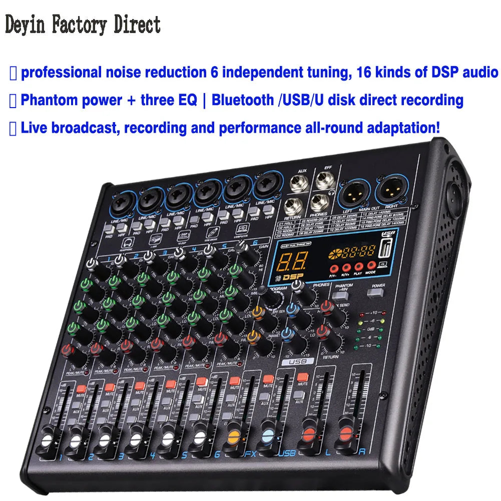Black deyin 6-channel bluetooth mixer with multiple colored knobs, usb u-disk recording, ultra-low noise, and 48v phantom power digital display
