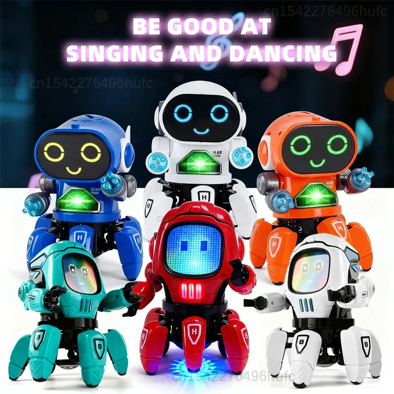 A collection of colorful glowing interactive electronic claws robot dance toys with expressive led eyes for early education