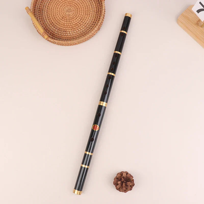 Black 6 holes bamboo flute with gold metal rings and red emblem handmade bamboo transverse for folk sound durable use