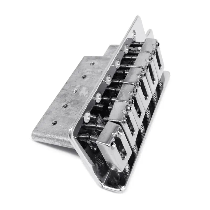Chrome finished six-string guitar bridge saddle with polished metal saddles and visible springs for tremolo bridge set musical use