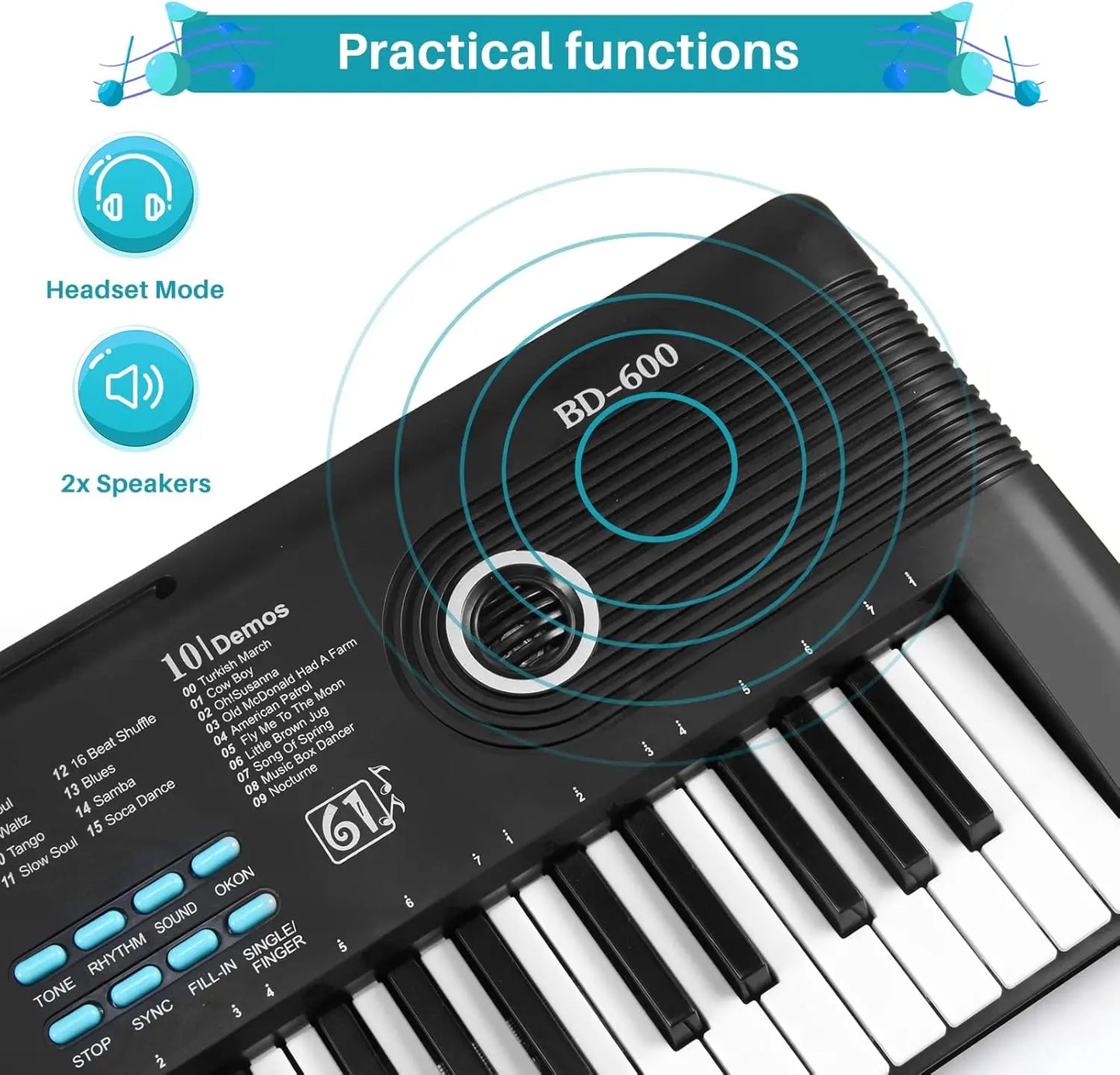 Black 61-key portable electronic piano with built-in microphone ideal gift featuring 101 songs and two speakers