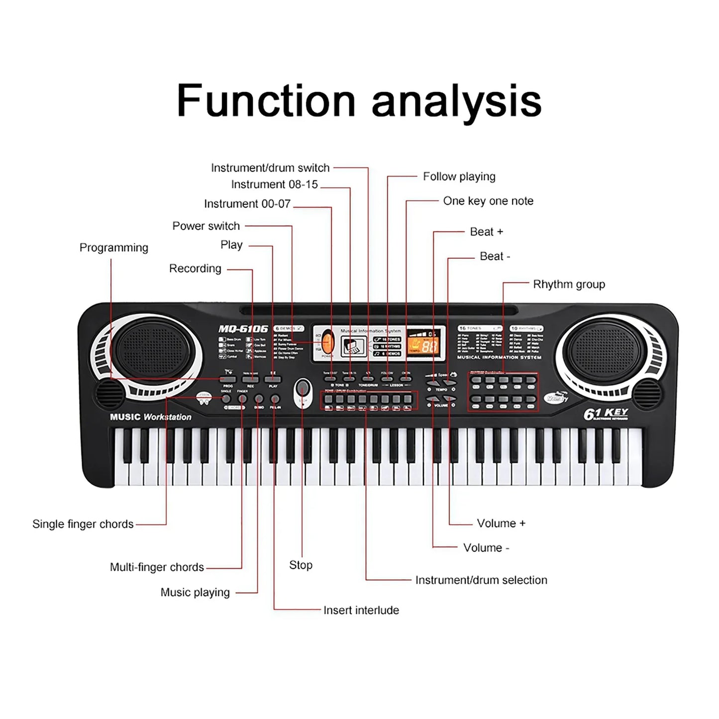 Black and white 61-key digital key board piano with built-in speakers and microphone for musical instruments kids use