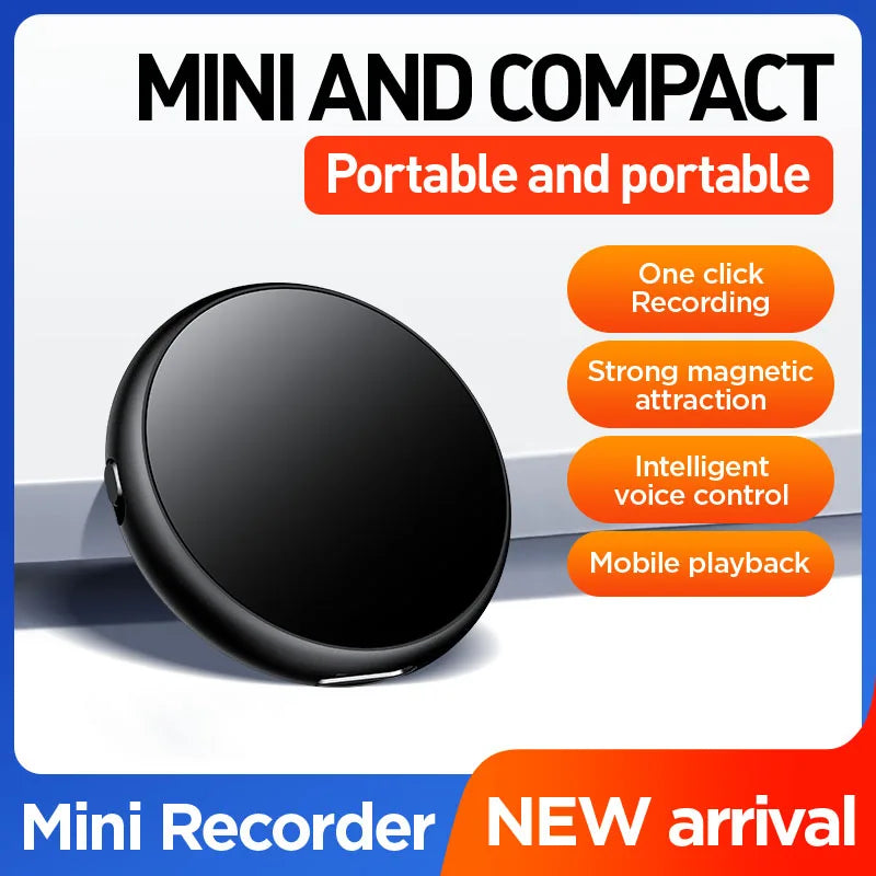 Black circular mini voice recorder with sleek compact design professional sound activated digital audio recorder