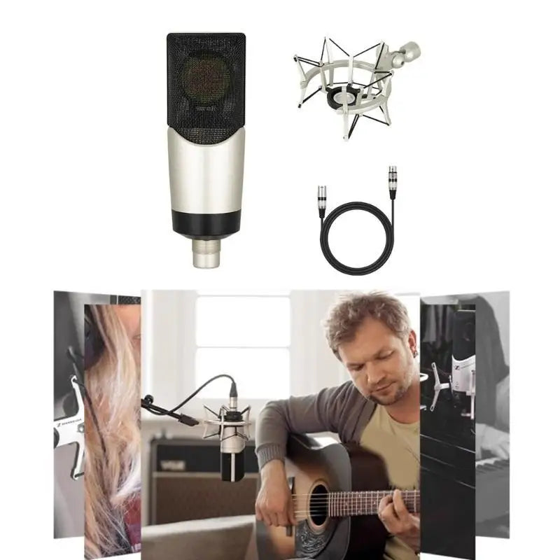 Silver and black 652f professional condenser studio vocal microphone with mesh grille for computer gaming live streaming