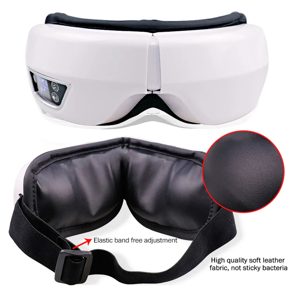 White and black 6D smart bluetooth music eye massager with soft leather lining features massager vibration airbag and compress eye care