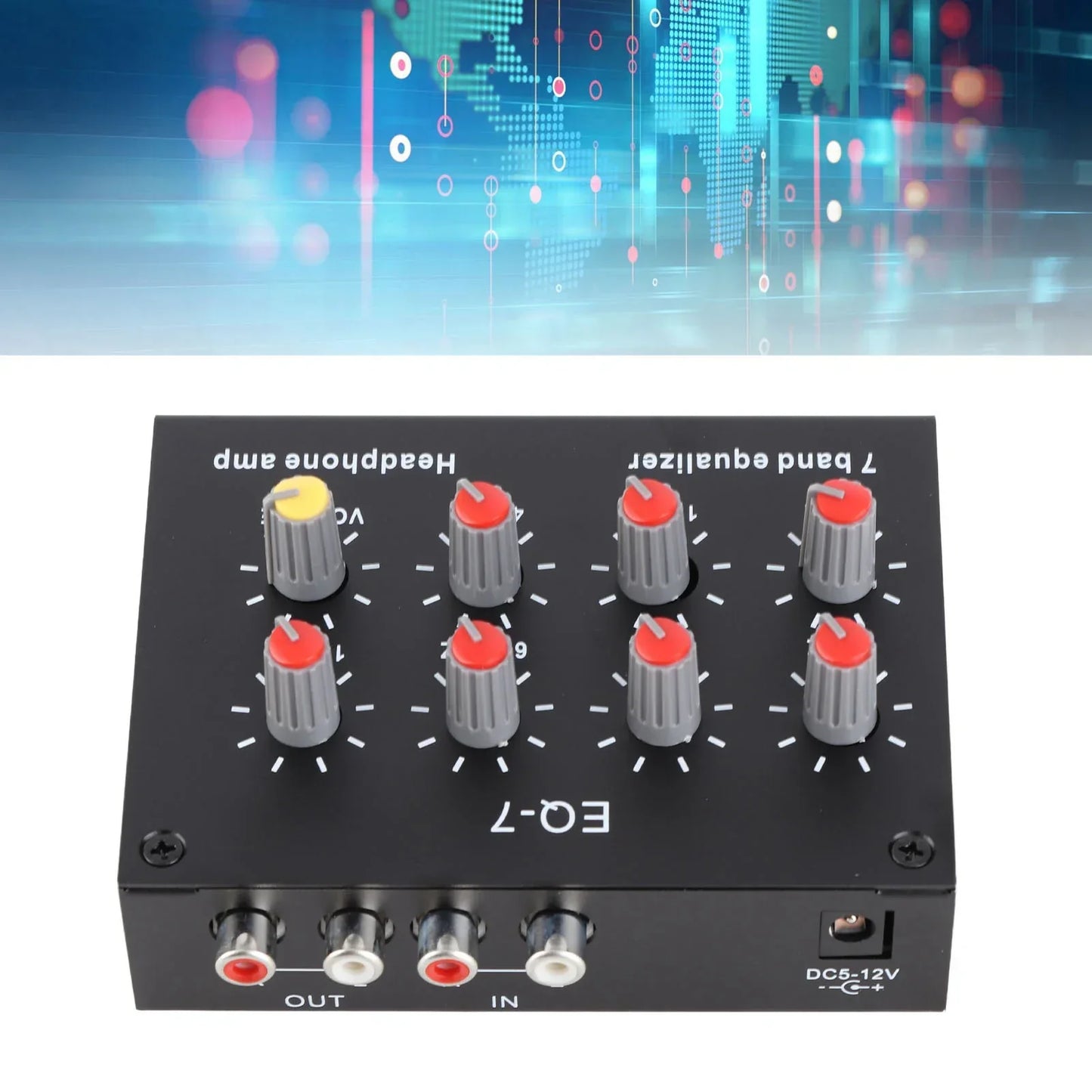Black rectangular 7 band digital equalizer with gray knobs red and yellow tops featuring high bass adjustment and eq 7 label