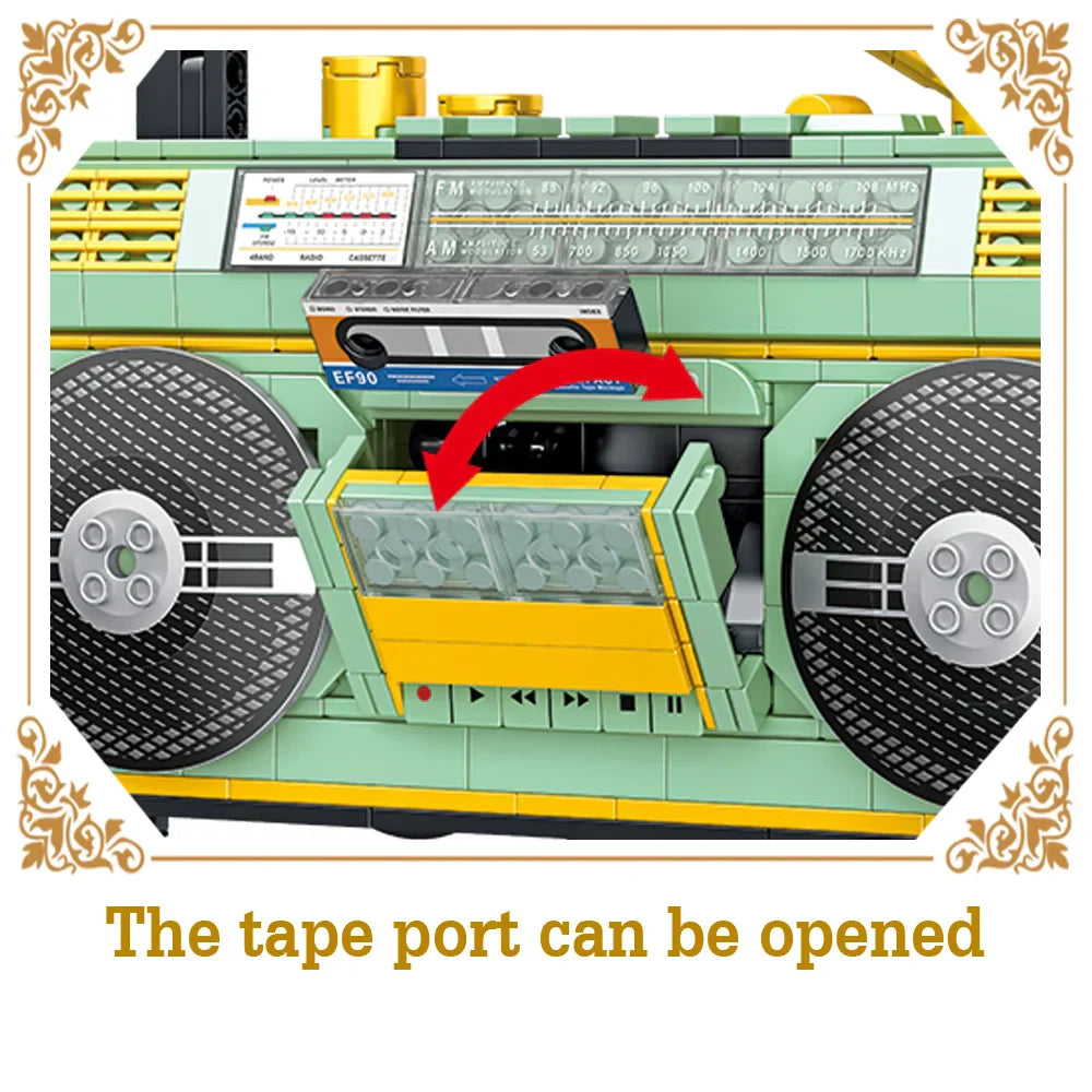 A mint green and yellow lego style 781pcs retro radio vintage music player with black mesh speakers and detailed controls