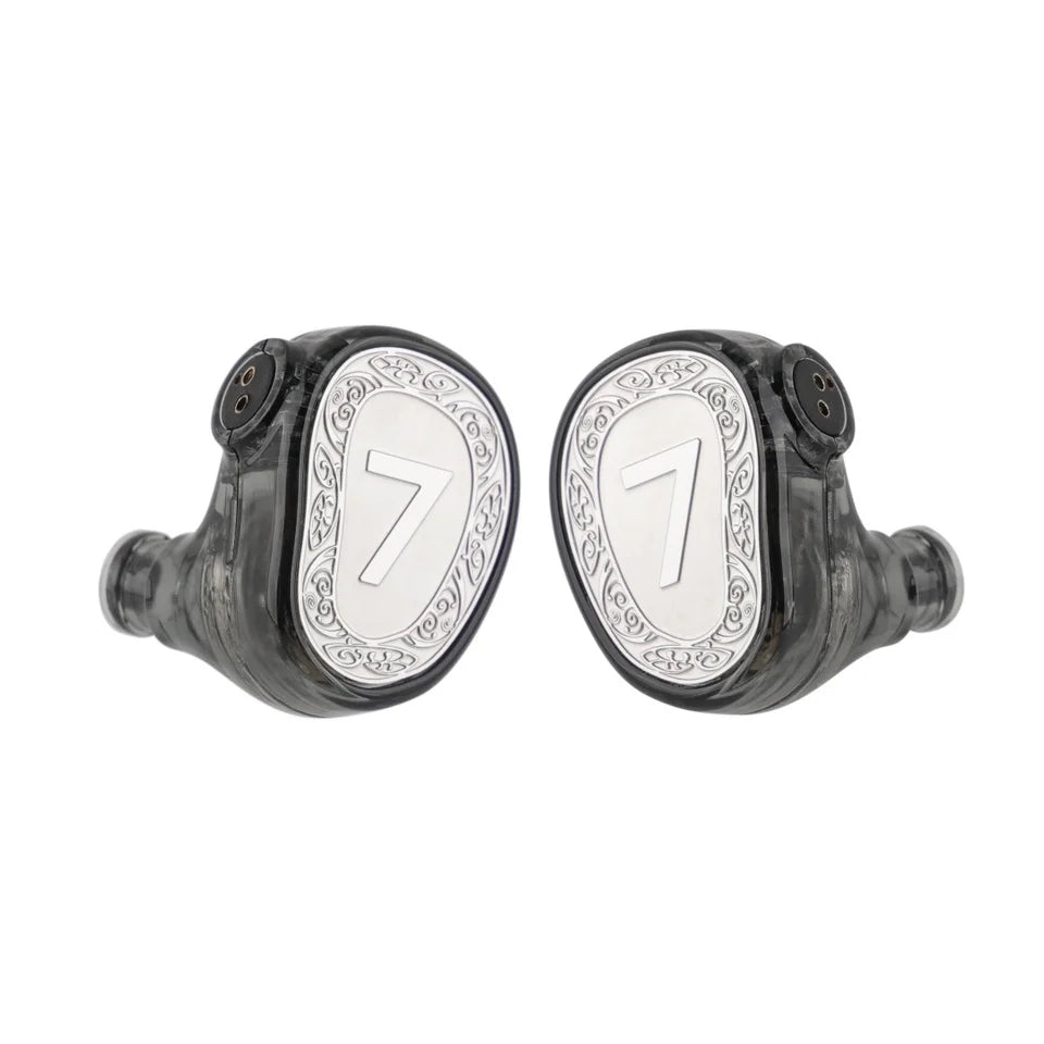 Clear black 7hz elua ultra dual in-ear monitors with silver ornate detailing and premium detachable cable
