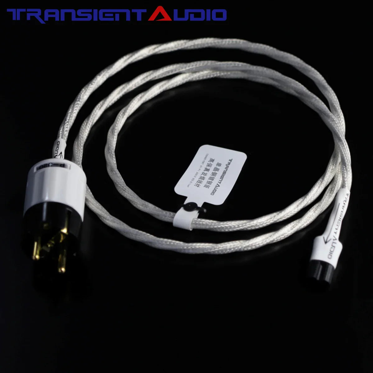 Silver braided 7NOCC audiophile-grade power cord with single-crystal copper plating and mini8-shaped tail connector by transient audio