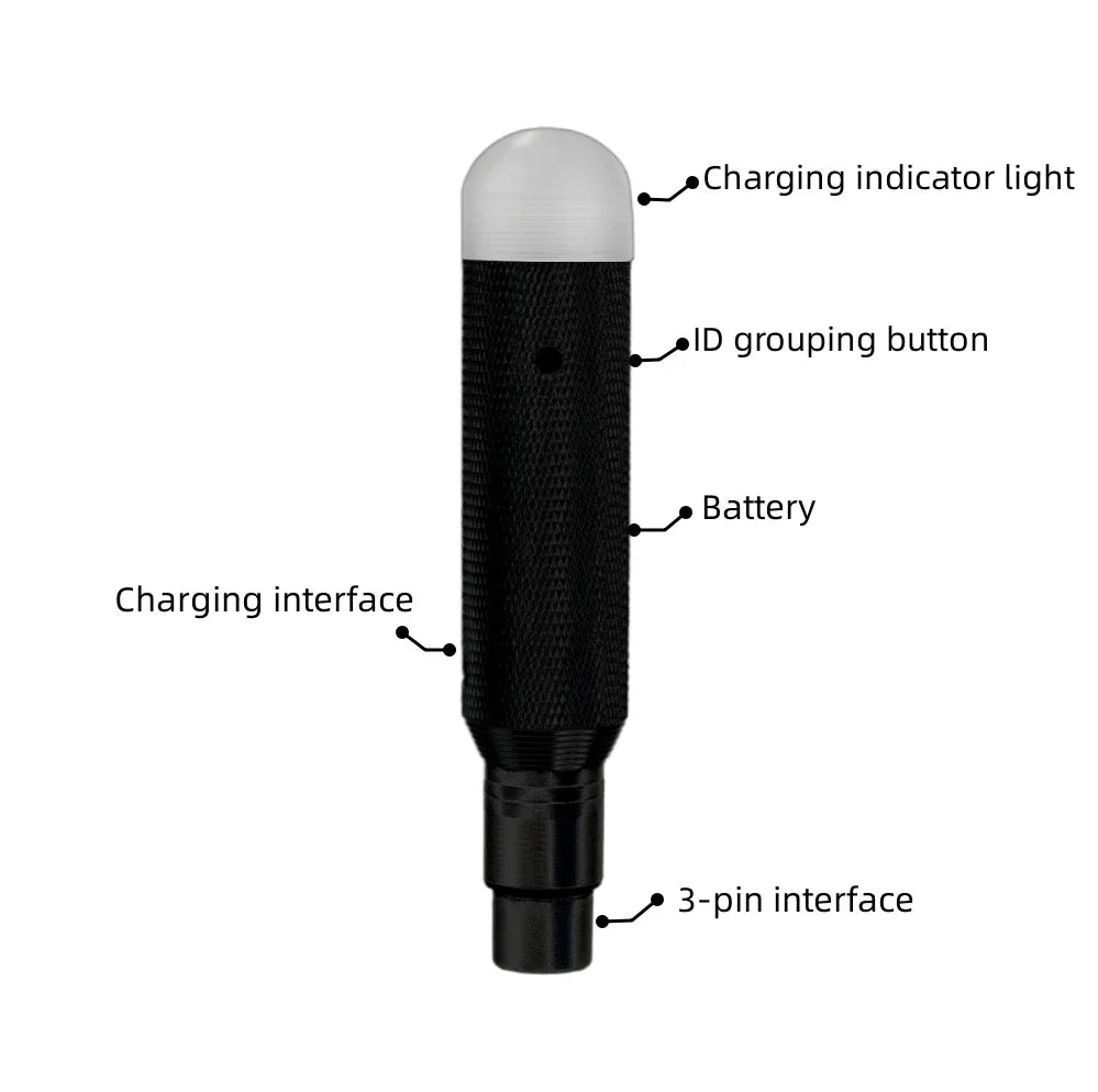 Black textured cylindrical 6charging wireless receiver with white charging indicator and 3-pin interface for led lighting control