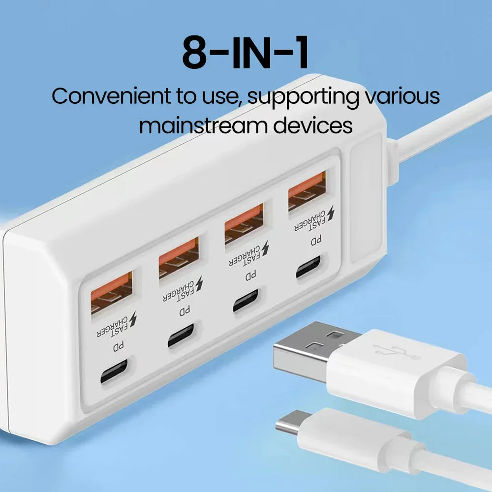 White 8 in 1 usb electrical socket 25w fast charging outlet adapter docking station with multiple ports USB splitter