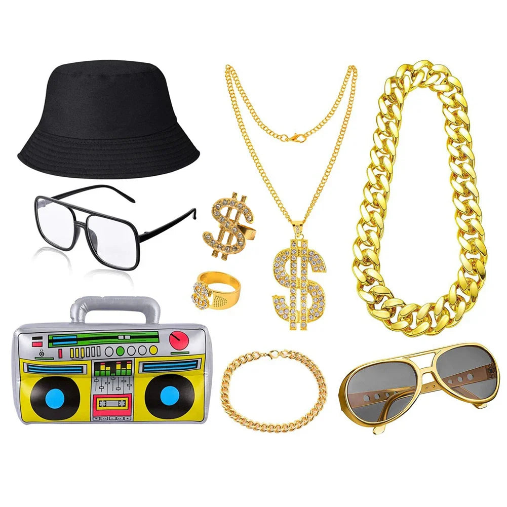 Gold chain necklace with large diamond-encrusted dollar sign pendant for 80s 90s rapper costume and accessories