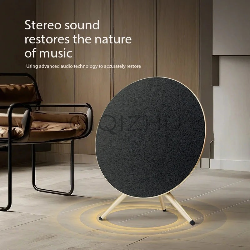 Black circular qizhu home theater bluetooth speaker with textured surface and light wood legs for outdoor portable use