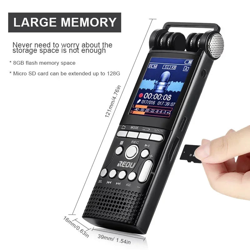 Black voice activated digital audio recorder with dual microphones 16gb 32gb professional recording pcm 1536kbps display