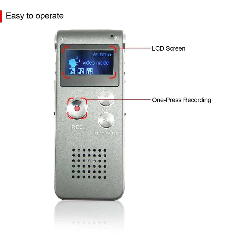 Silver handheld voice recorder mp3 with small lcd screen and circular record button 32gb voice recorder professional