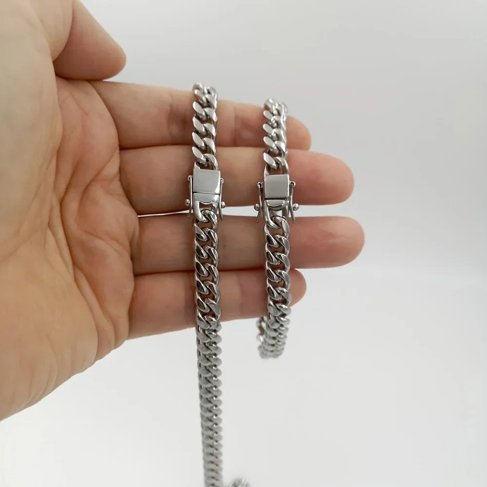 Two silver stainless steel 8mm miami cuban link necklaces with rectangular clasps rock waterproof necklace jewelry