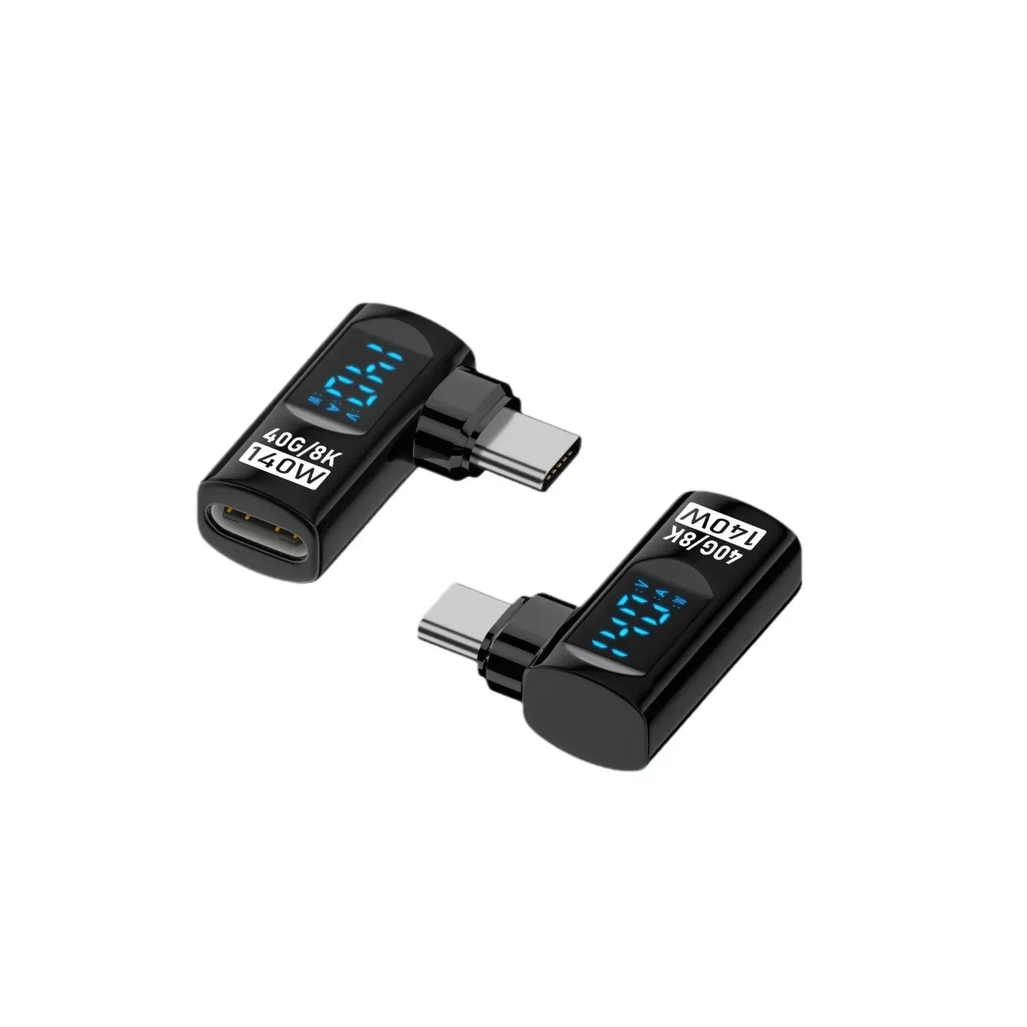 Black usb c adapter with 90 degree angle u shape design and blue led display showing transfer pd 140w current draw