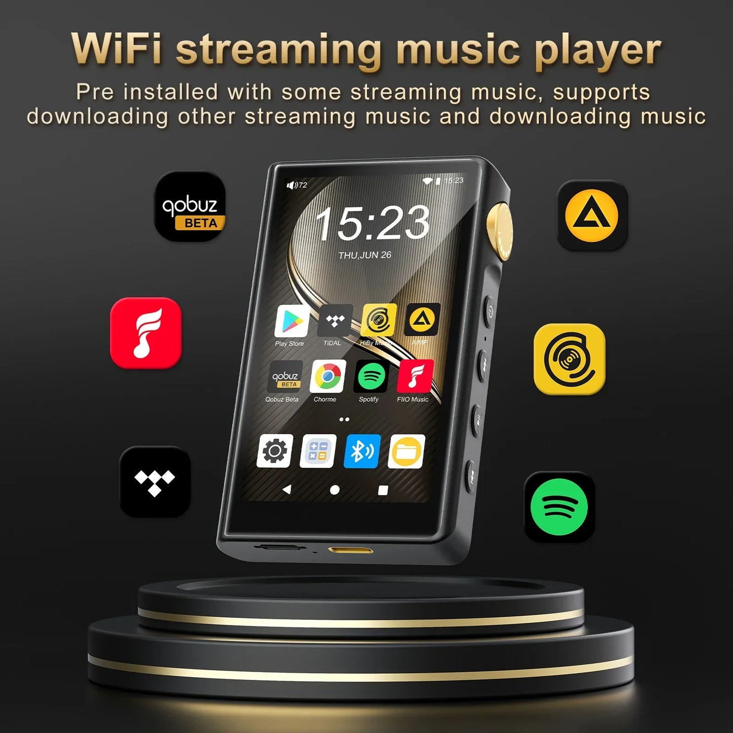Black and gold 96gb hifi lossless music player with bluetooth wifi dsd and touchscreen showing streaming apps