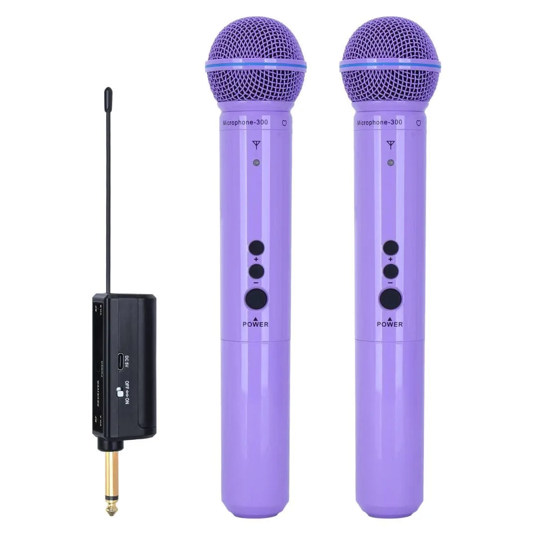 Pair of purple wireless professional dual-channel uhf microphones with rechargeable receiver suitable for parties karaoke