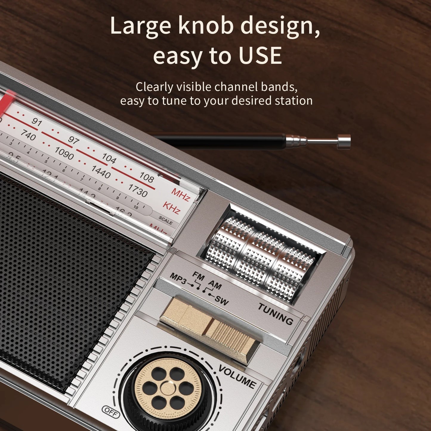Retro All-Band Radio with Wireless Audio Connectivity, Solar & Multi-Mode Charging, Long-Lasting Battery & Multiple Play Modes
