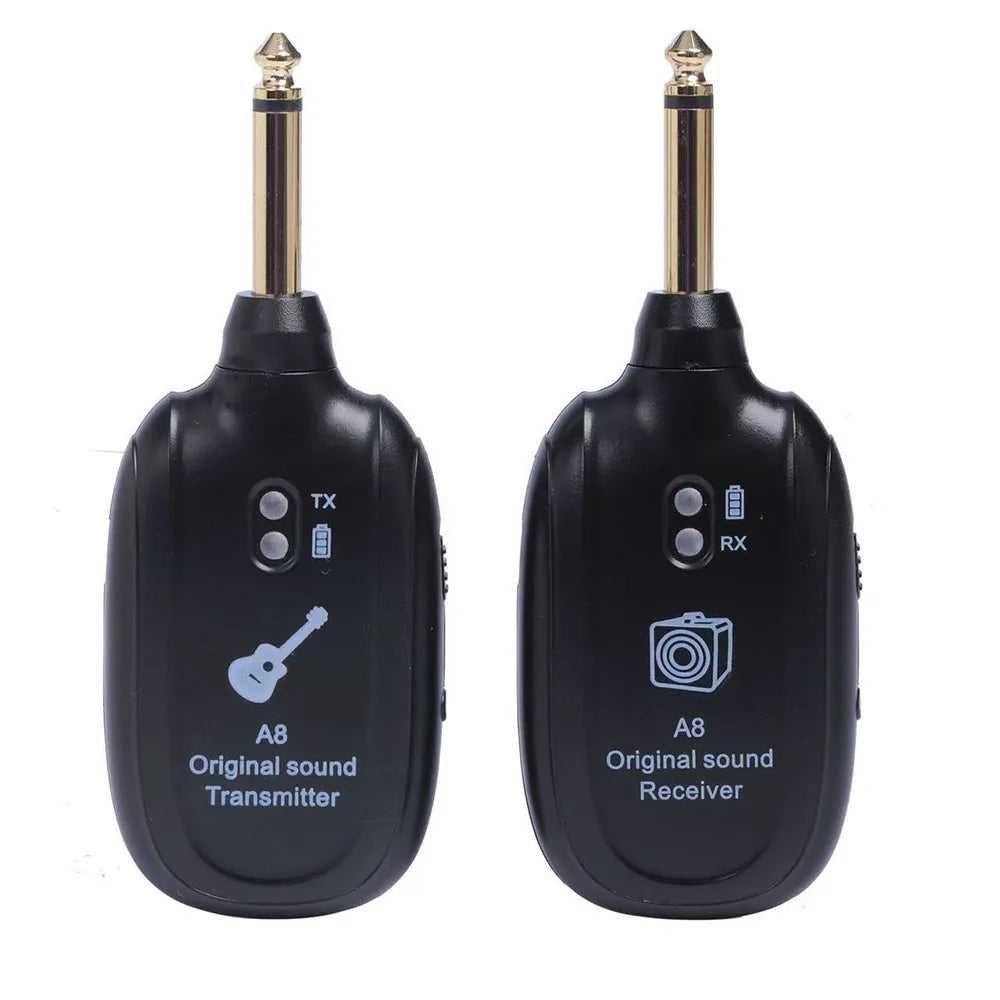 Black a8 uhf electric guitar wireless transmitter receiver set with gold-tipped audio jacks built-in rechargeable