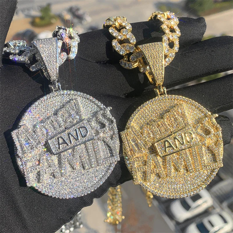 Hip Hop Round Coin Pave Crystal Money And Family Pendant With Iced Out Tennis Chain Necklace Choker For Men Rapper Jewelry