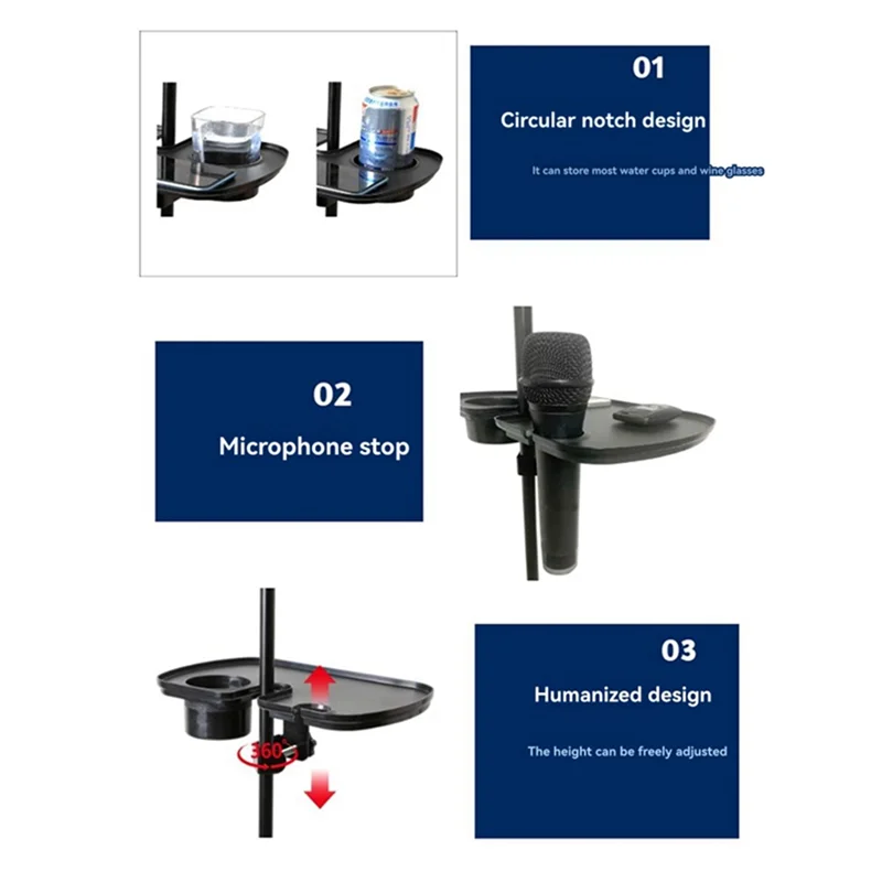 Black multifunctional microphone rack with adjustable stand tray cup holder and built-in mic holder for music stand microphone