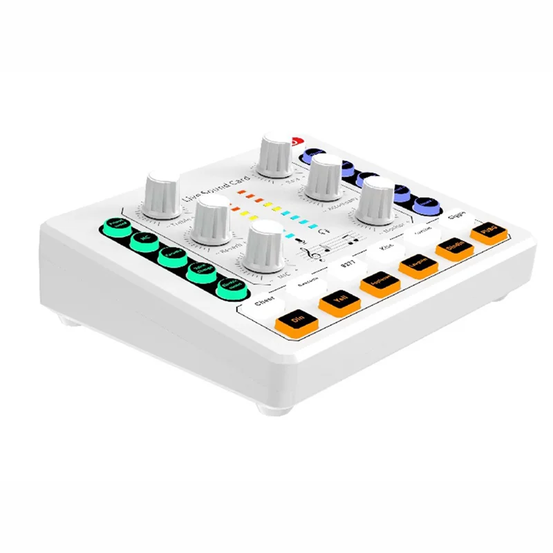 White compact abac-m8 live sound card with multiple knobs green and orange buttons and led indicator strip for podcast audio mixer wireless bluetooth audio