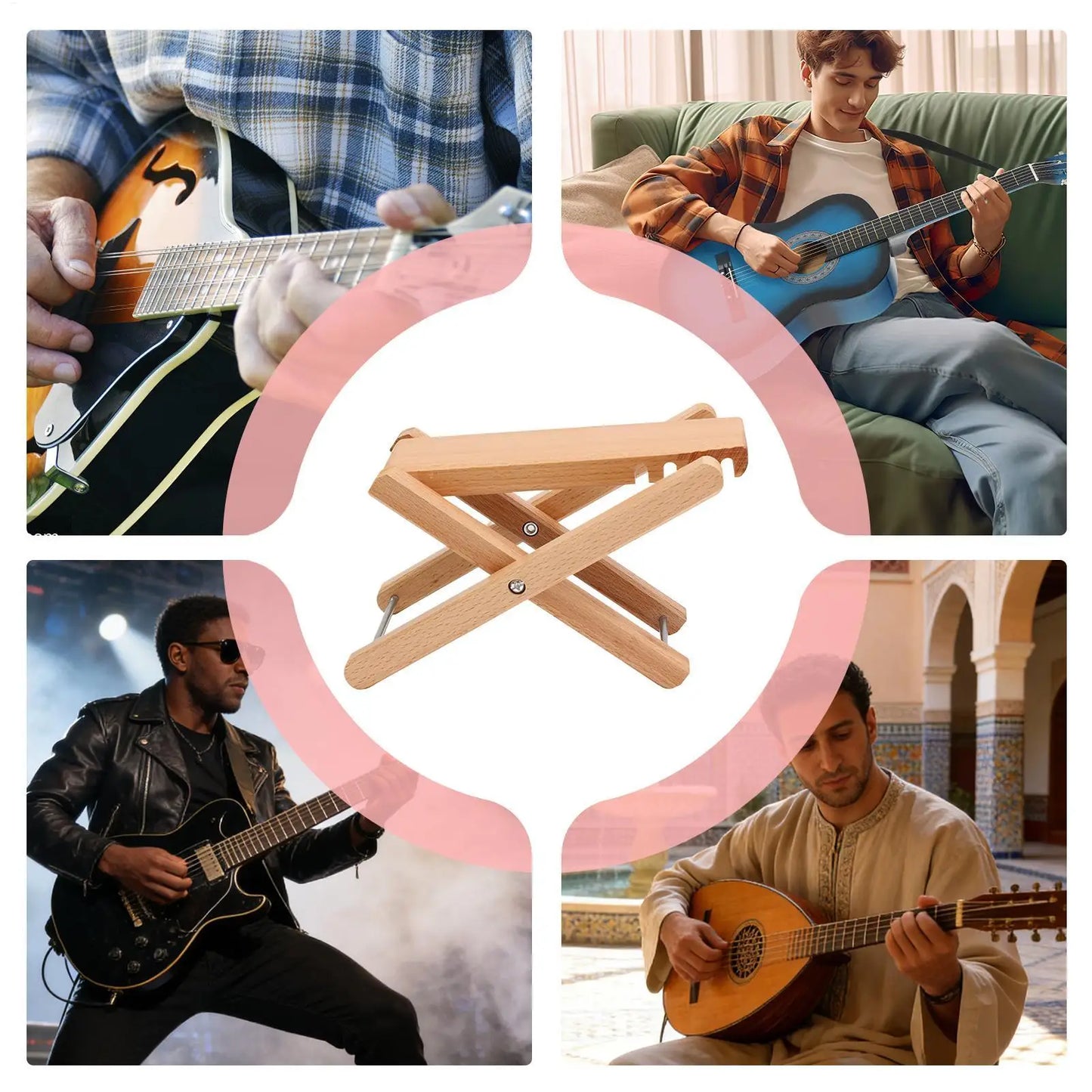 Light-colored wooden adjustable guitar foot stool ergonomic leg rest for classical guitar home studio use