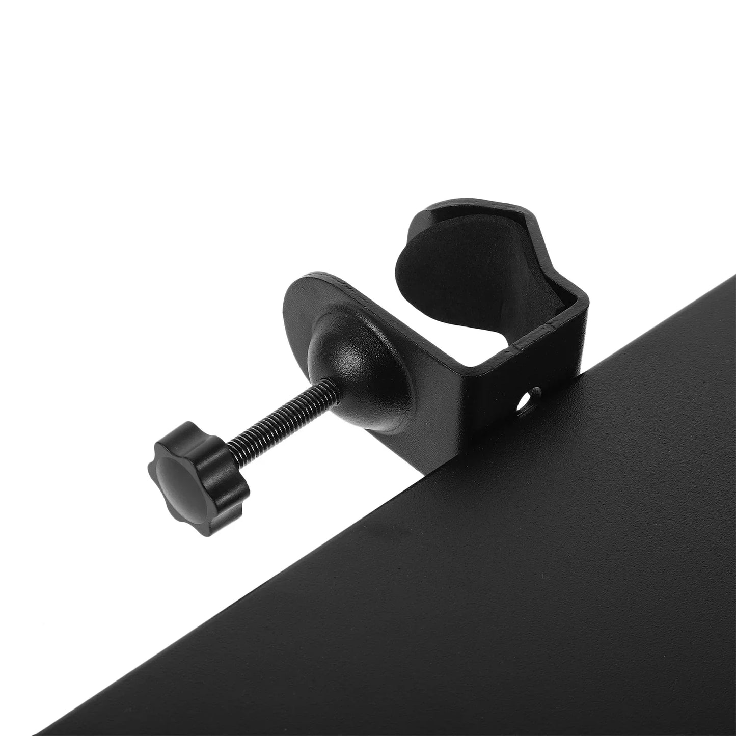 Black metal adjustable microphone stand clamp with star-shaped knob for live streaming karaoke and stand tray metal use
