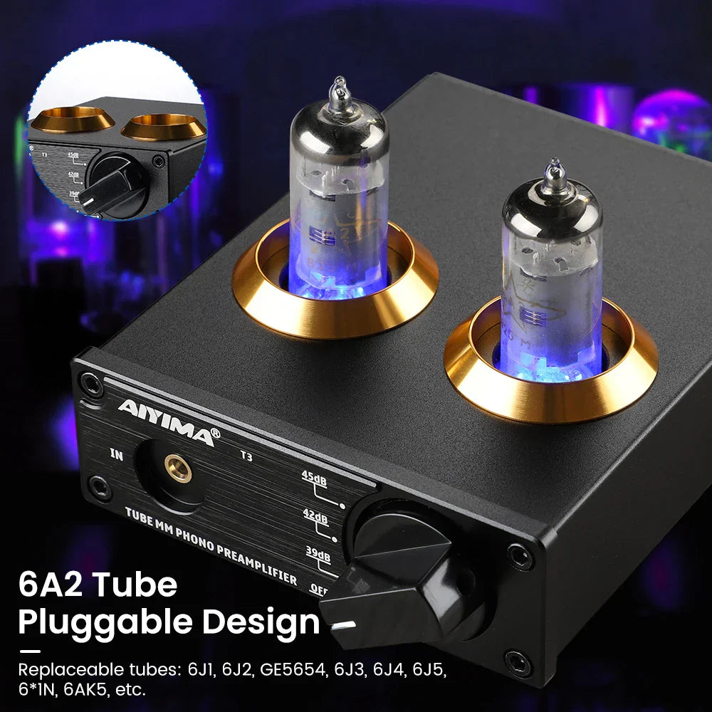 Black aiyima t3 hifi vacuum 6a2 tube phono preamplifier with two glowing blue tubes in gold circular mounts for vinyl