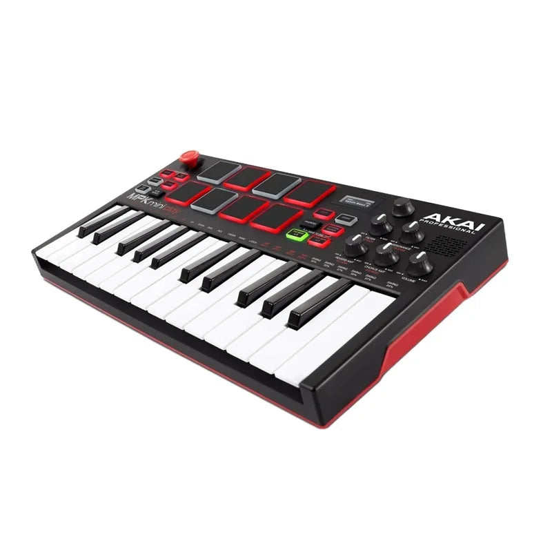 Akai professional mpk mini play mk3 plus midi keyboard piano arranger music controller in black and red with illuminated pads and rotary knobs