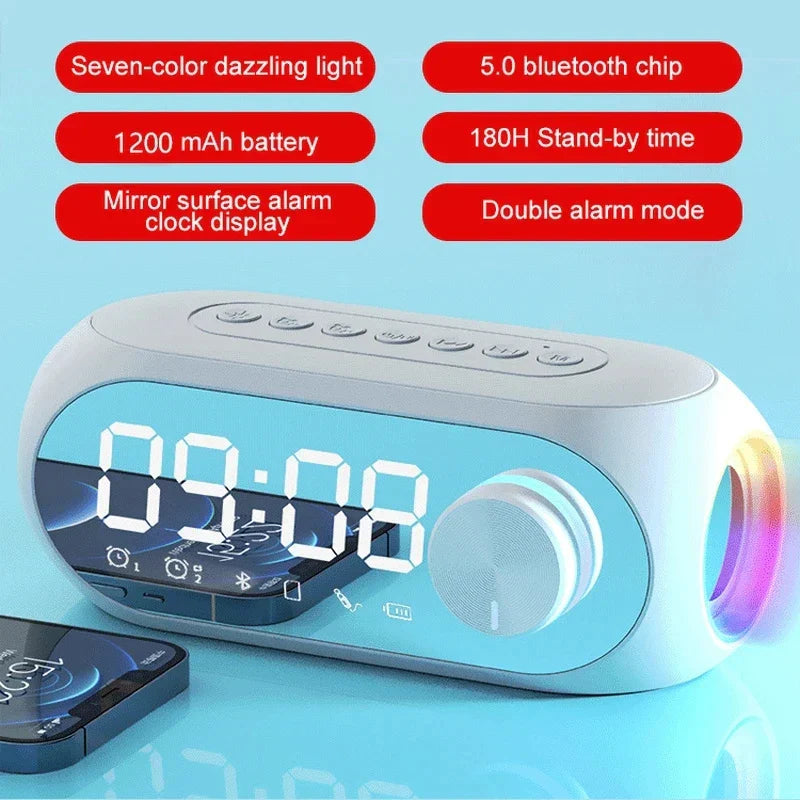 White plastic alarm clock radio with mirror surface digital display and seven-color lights radio fm bluetooth speaker portable subwoofer