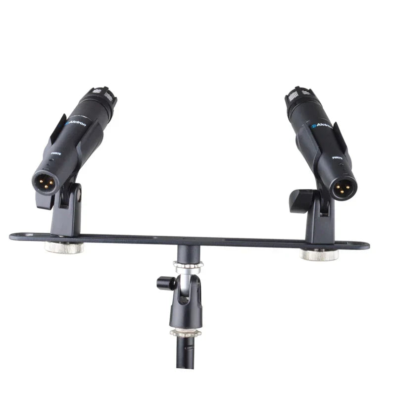 Black alctron double microphone stand with dual condenser mics for stereo recording mic use in live show streaming