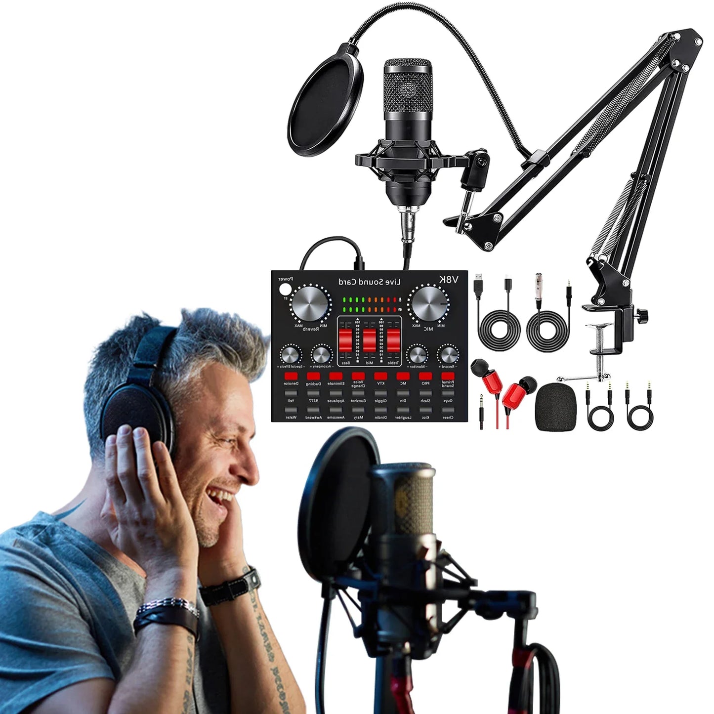 Black condenser microphone with pop filter and adjustable arm mounted on stand in podcast equipment bundle for studio use