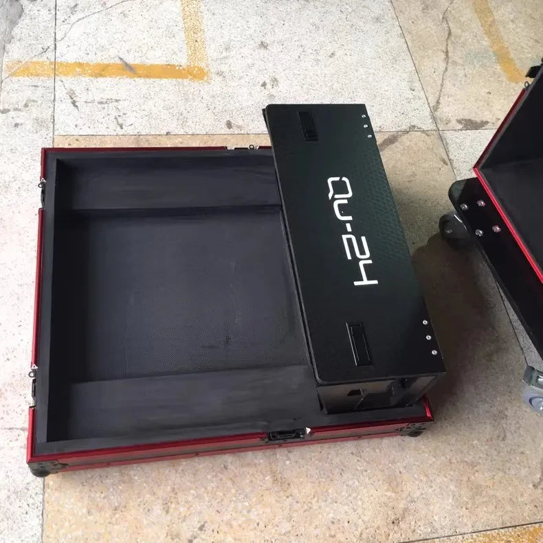 Black allen&heath qu24 24-channel digital mixing console air case with red protective edges and wheels