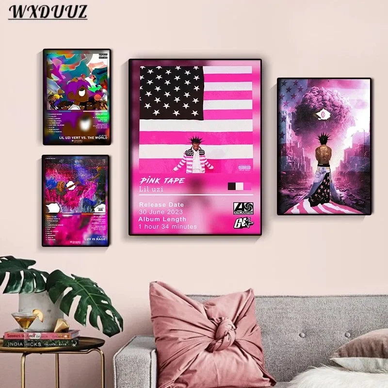 Framed pink american flag-themed canvas poster featuring lil uzi vert pink tape album art for american hip hop decor
