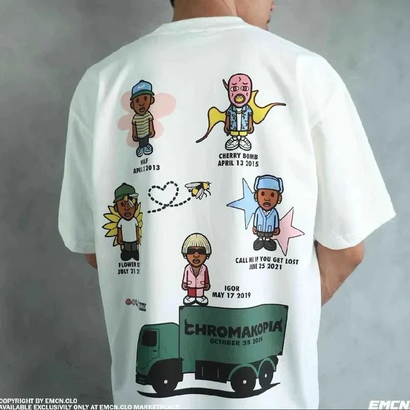 White pure cotton loose short-sleeved t-shirt featuring colorful American hip hop singer cartoon graphic design
