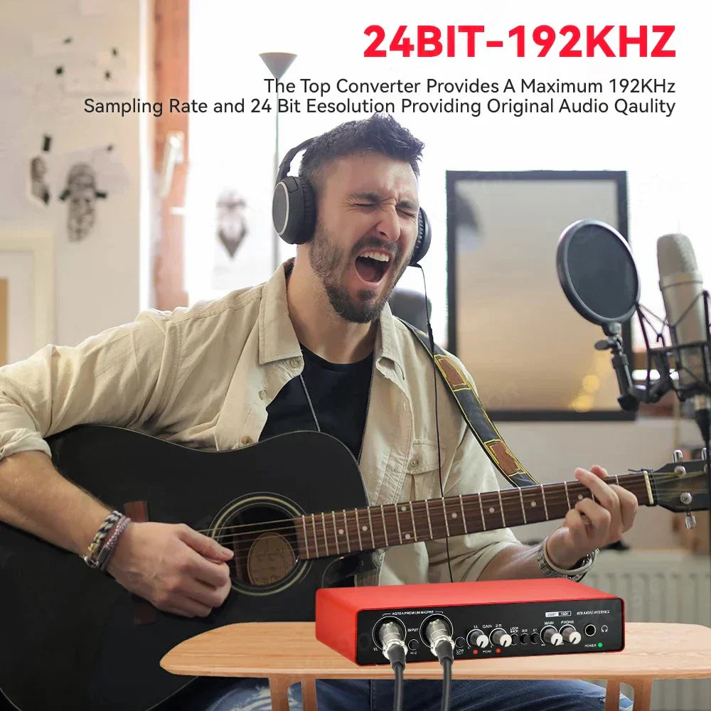 Red 24-bit 192khz amixsq22 audio interface with black knobs and silver input jacks for pro audio equipment professional video
