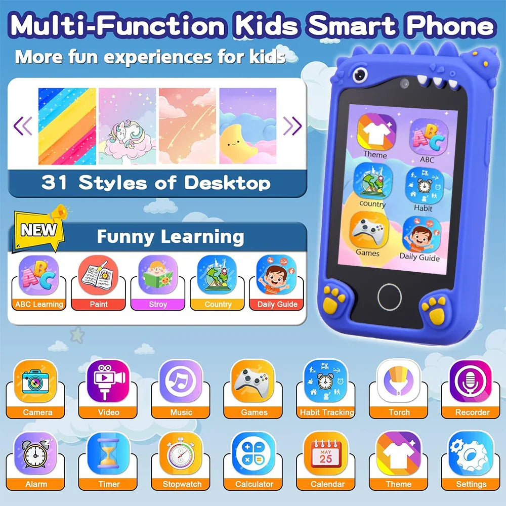 Blue dinosaur-shaped amorus children smart phone toy with 2.8 inch touchscreen digital camera toys ideal christmas birthday gift