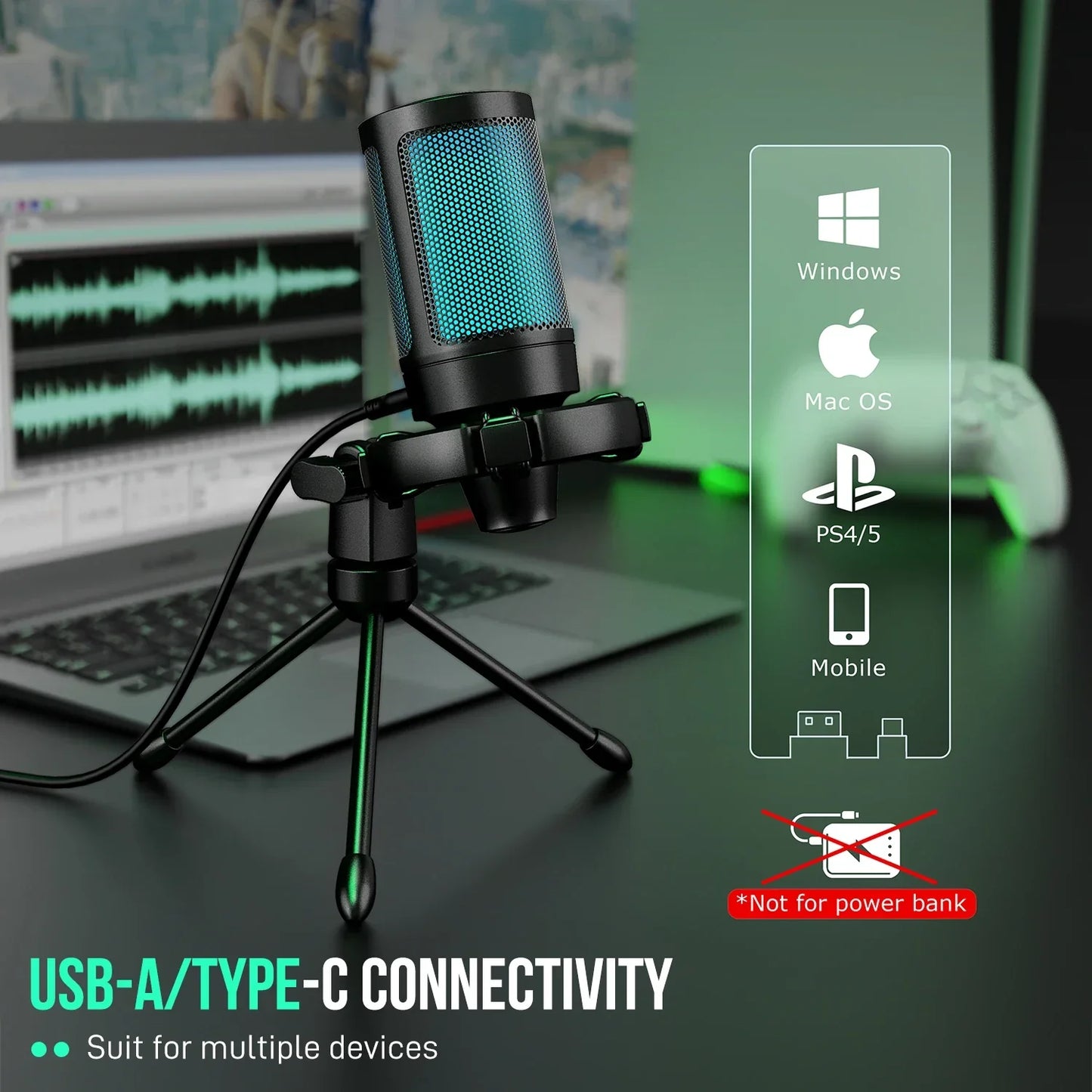 Black and teal mesh usb gaming microphone ampliGame by FIFINE with light-touch mute condenser and tripod for laptop streaming-a2