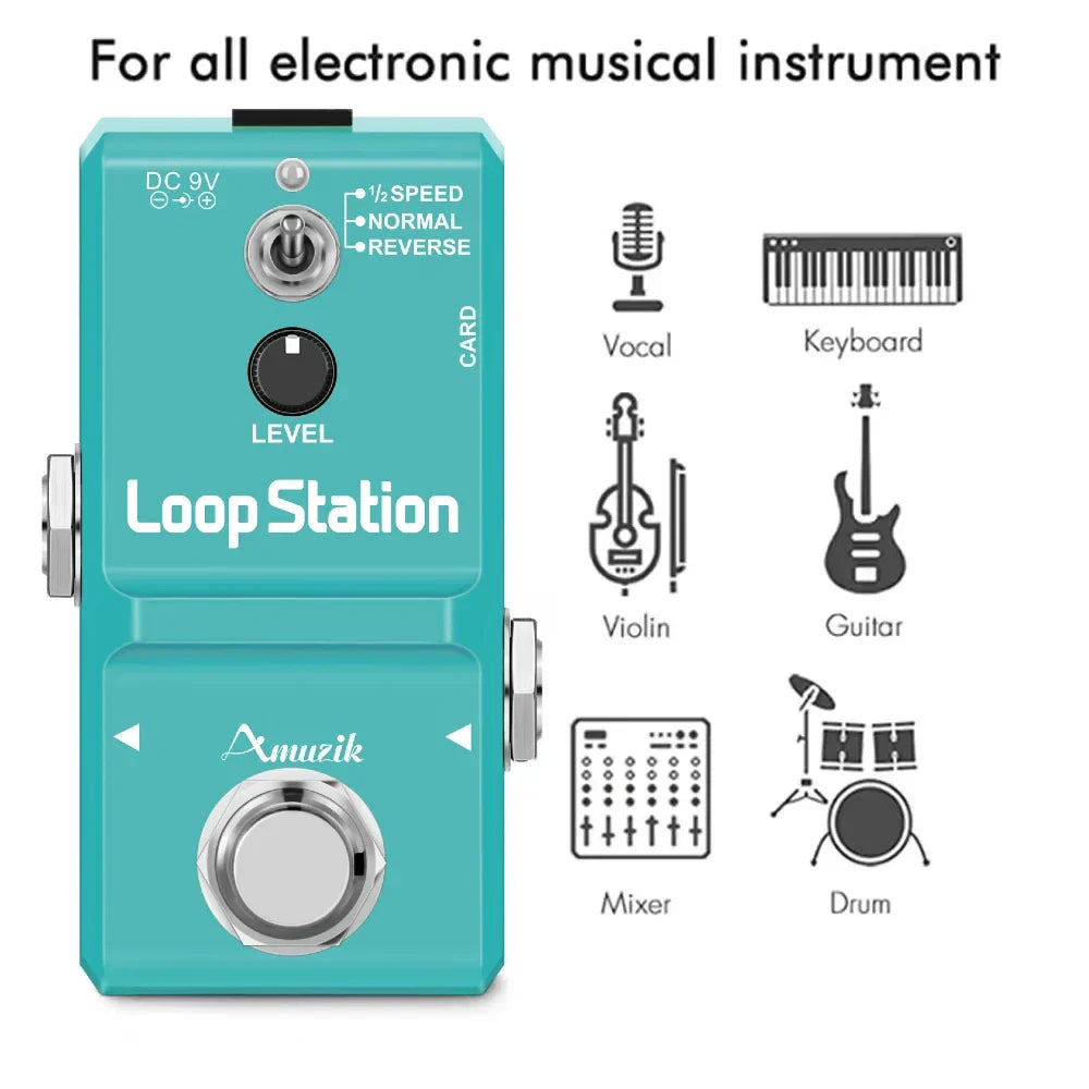 Teal amuzik guitar bass rhythm looper pedal with silver knobs and footswitch featuring station unlimited overdub