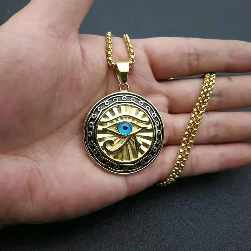 Gold-toned horus pendant necklace with vibrant blue center in ornate frame, ancient egyptian mythology amulet jewelry gift