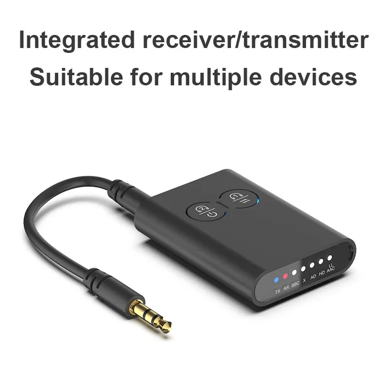 Black rectangular aptX-Adaptive Bluetooth stereo music multipoint wireless adapter with 3.5mm jack and status lights