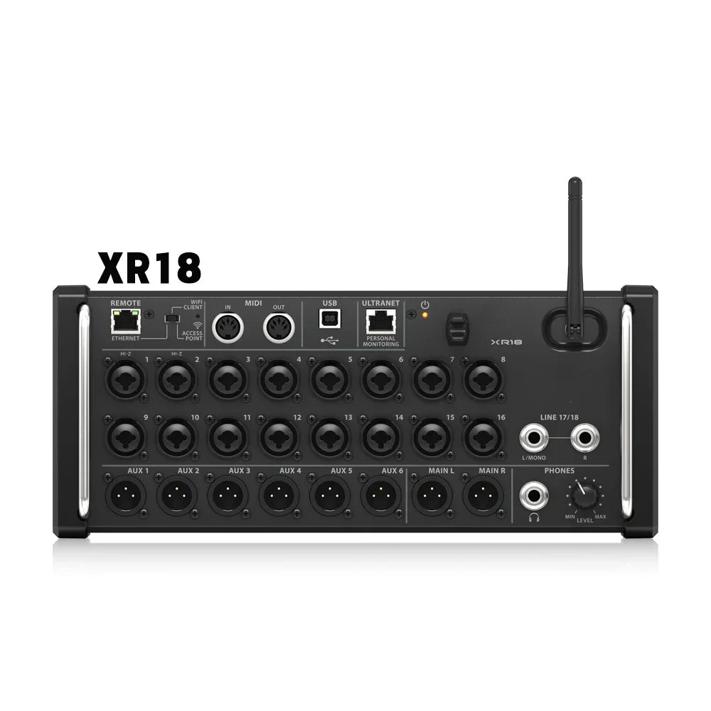 Black behringer mr18 professional digital mixer with multiple input output ports and wireless antenna for mixing studio recording