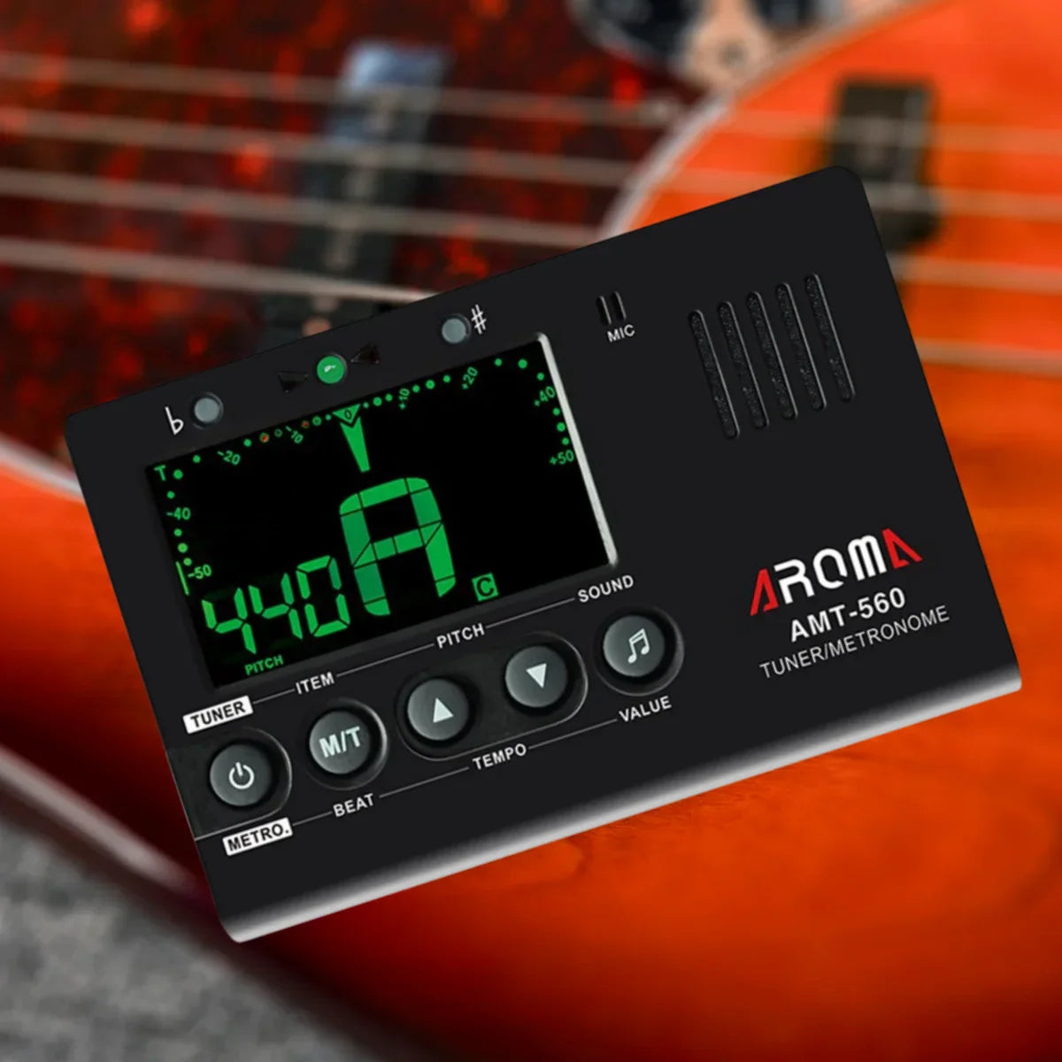 Black aroma amt-560 chromatic metronome tuner with green lcd display for guitar chromatic bass violin ukulele use